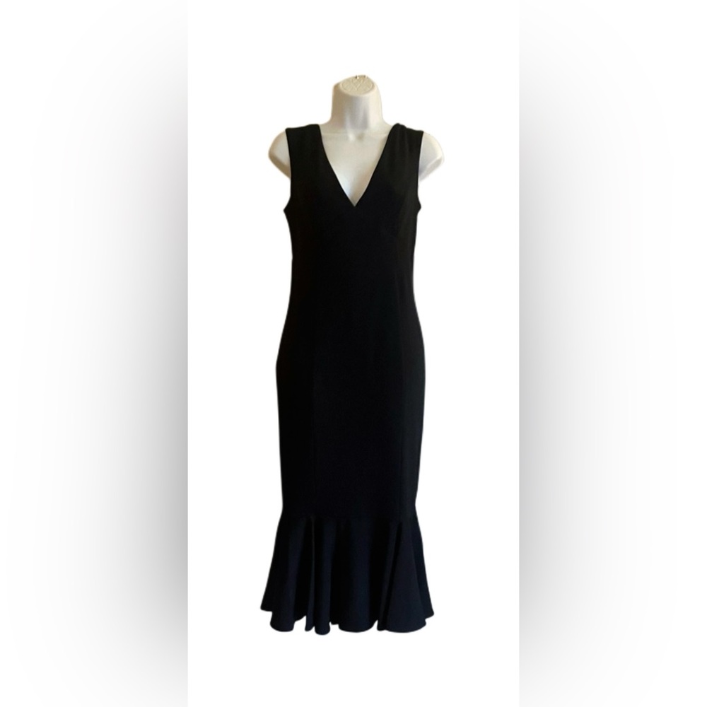 MARINA Black V-Neck Midi Dress w/ Fishtail Hem - Picture 8 of 8
